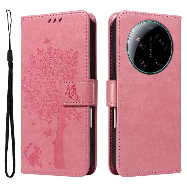 For Xiaomi 17 Ultra Tree & Cat Embossed Pattern Flip Leather Phone Case