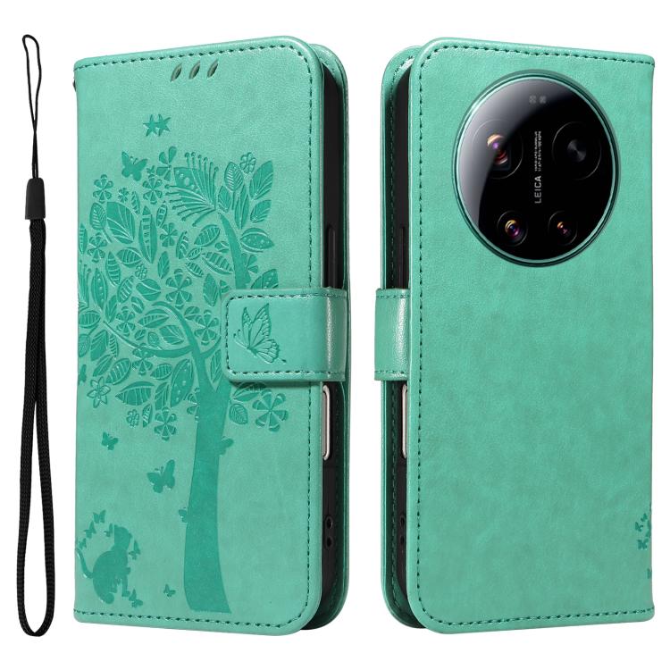 For Xiaomi 17 Ultra Tree & Cat Embossed Pattern Flip Leather Phone Case