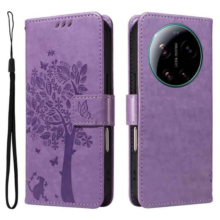 For Xiaomi 17 Ultra Tree & Cat Embossed Pattern Flip Leather Phone Case