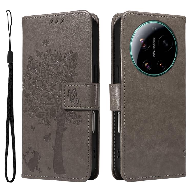 For Xiaomi 17 Ultra Tree & Cat Embossed Pattern Flip Leather Phone Case