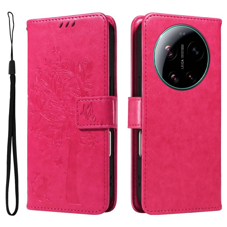 For Xiaomi 17 Ultra Tree & Cat Embossed Pattern Flip Leather Phone Case