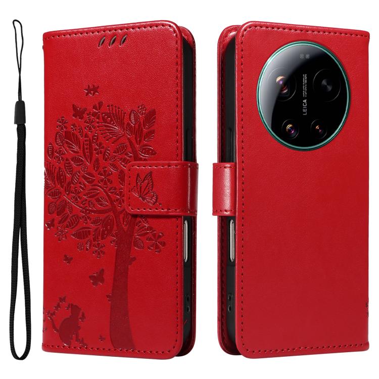 For Xiaomi 17 Ultra Tree & Cat Embossed Pattern Flip Leather Phone Case