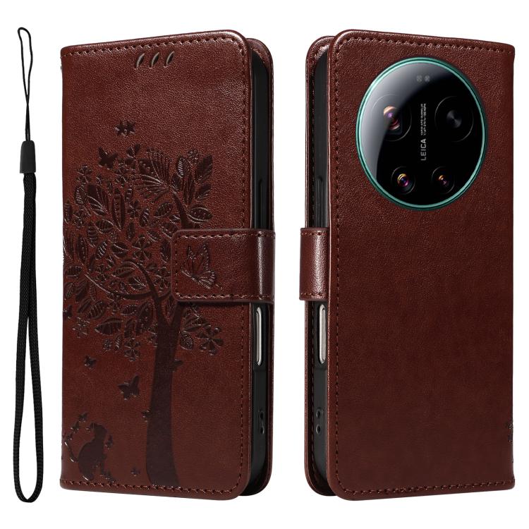 For Xiaomi 17 Ultra Tree & Cat Embossed Pattern Flip Leather Phone Case