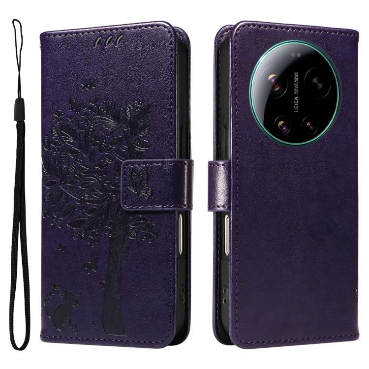 For Xiaomi 17 Ultra Tree & Cat Embossed Pattern Flip Leather Phone Case