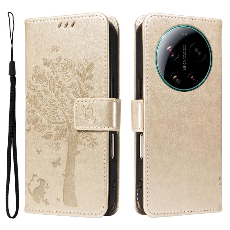 For Xiaomi 17 Ultra Tree & Cat Embossed Pattern Flip Leather Phone Case
