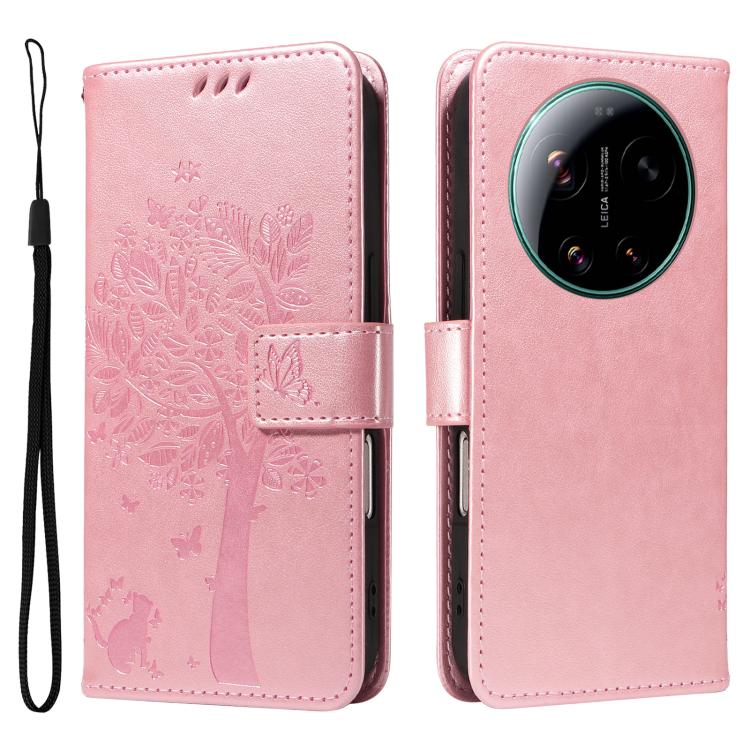For Xiaomi 17 Ultra Tree & Cat Embossed Pattern Flip Leather Phone Case