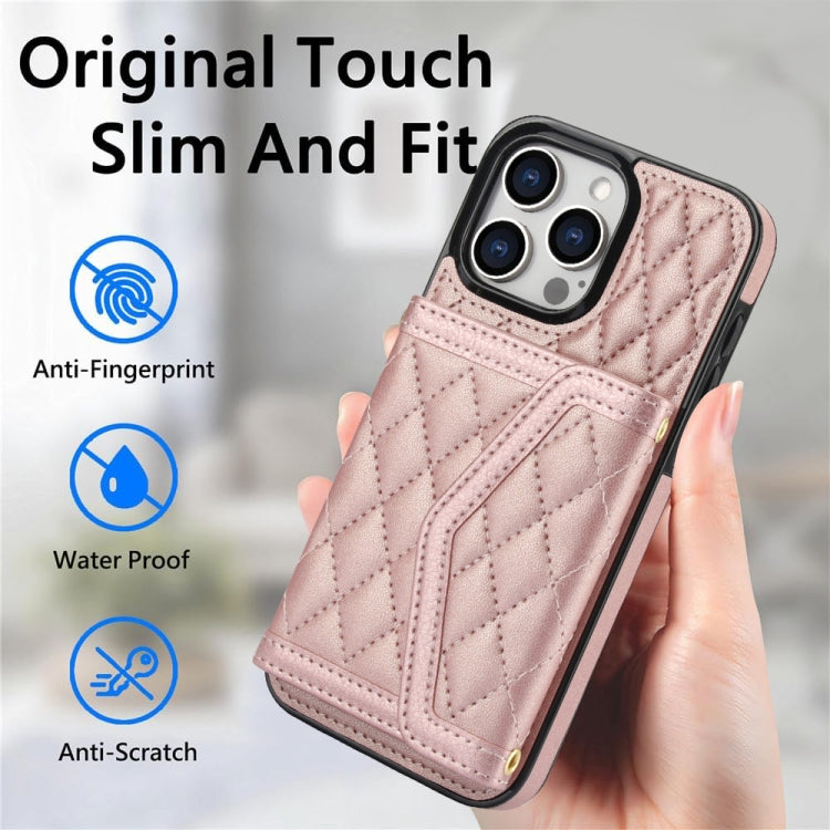 For iPhone 12 / 12 Pro Splicing Rhombic Texture Card Bag Phone Case with Long Lanyard