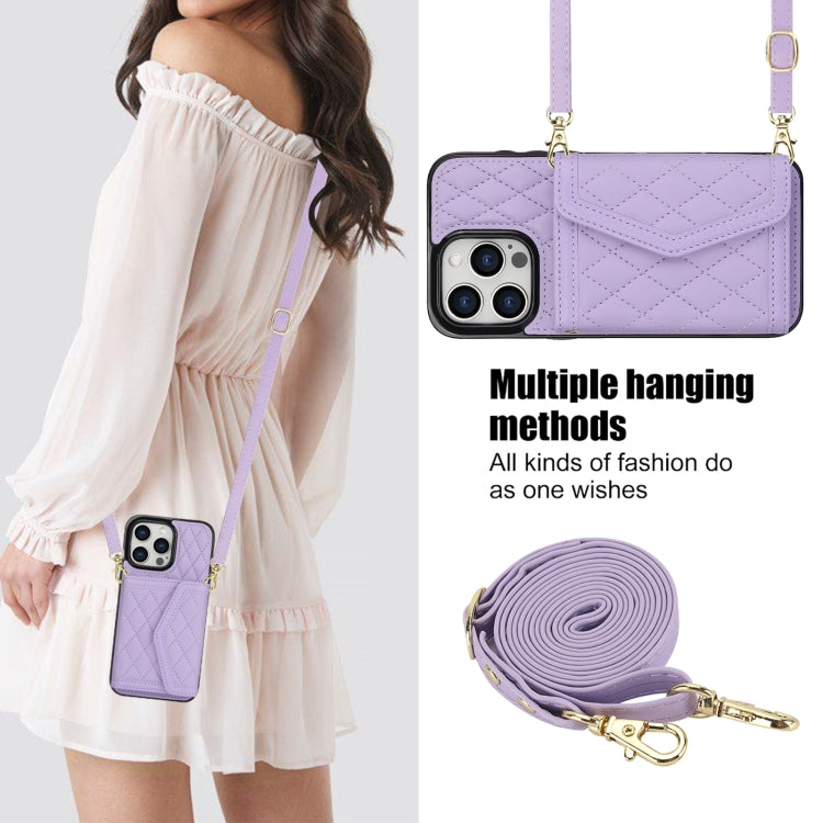 For iPhone 12 Pro Max Splicing Rhombic Texture Card Bag Phone Case with Long Lanyard