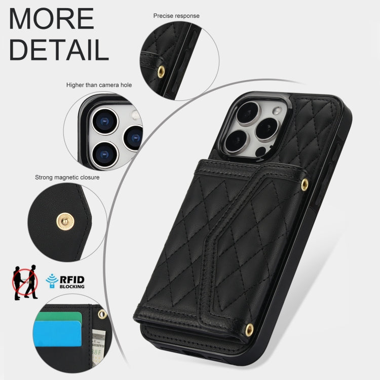 For iPhone 12 Pro Max Splicing Rhombic Texture Card Bag Phone Case with Long Lanyard
