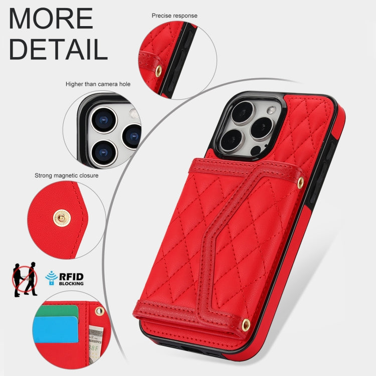 For iPhone 12 Pro Max Splicing Rhombic Texture Card Bag Phone Case with Long Lanyard