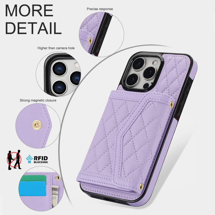 For iPhone 13 Pro Max Splicing Rhombic Texture Card Bag Phone Case with Long Lanyard