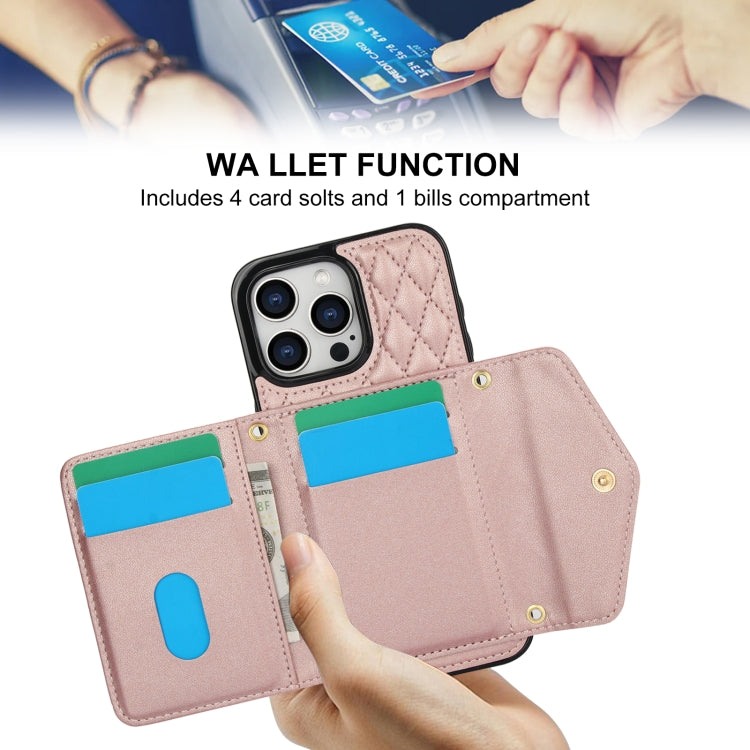 For iPhone 13 Pro Splicing Rhombic Texture Card Bag Phone Case with Long Lanyard