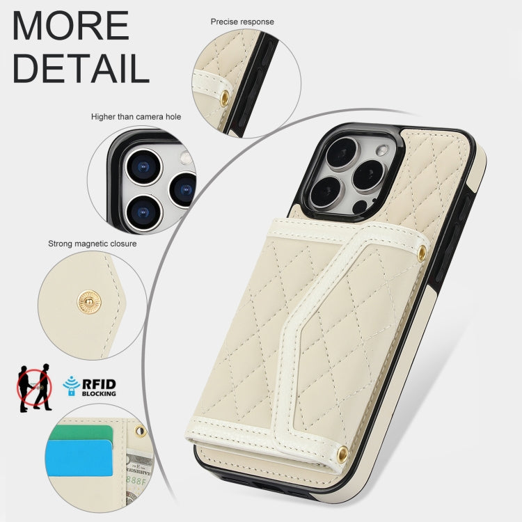 For iPhone 14 Plus / 15 Plus Splicing Rhombic Texture Card Bag Phone Case with Long Lanyard