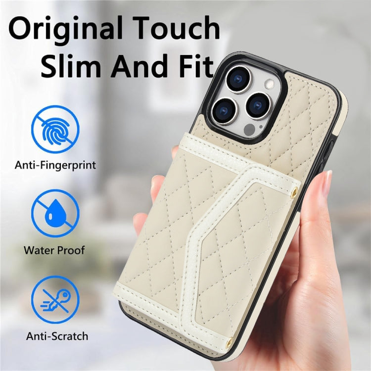For iPhone 14 Pro Splicing Rhombic Texture Card Bag Phone Case with Long Lanyard