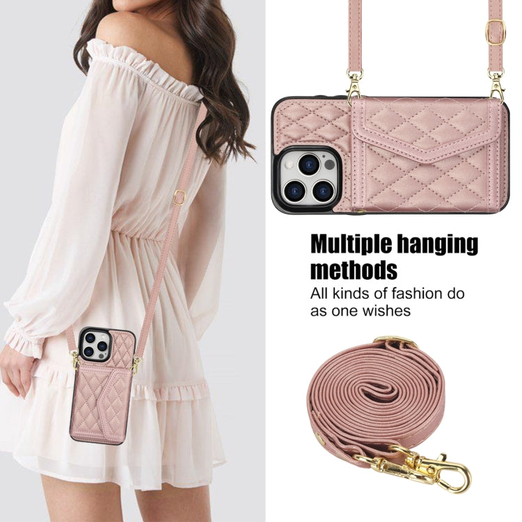 For iPhone 14 Pro Splicing Rhombic Texture Card Bag Phone Case with Long Lanyard