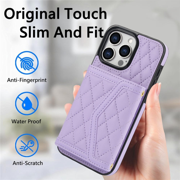 For iPhone 14 Pro Max Splicing Rhombic Texture Card Bag Phone Case with Long Lanyard