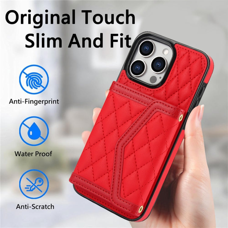 For iPhone 14 Pro Max Splicing Rhombic Texture Card Bag Phone Case with Long Lanyard