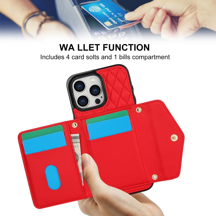 For iPhone 14 Pro Max Splicing Rhombic Texture Card Bag Phone Case with Long Lanyard