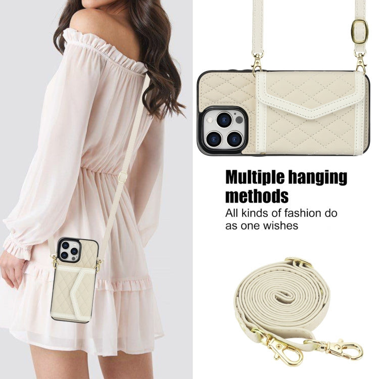 For iPhone 15 Splicing Rhombic Texture Card Bag Phone Case with Long Lanyard