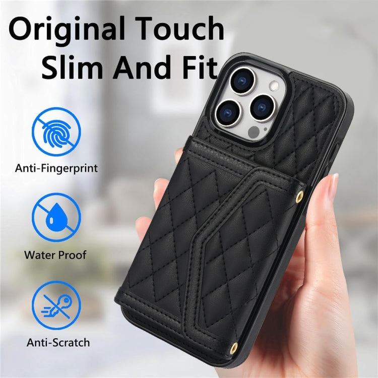 For iPhone 15 Splicing Rhombic Texture Card Bag Phone Case with Long Lanyard