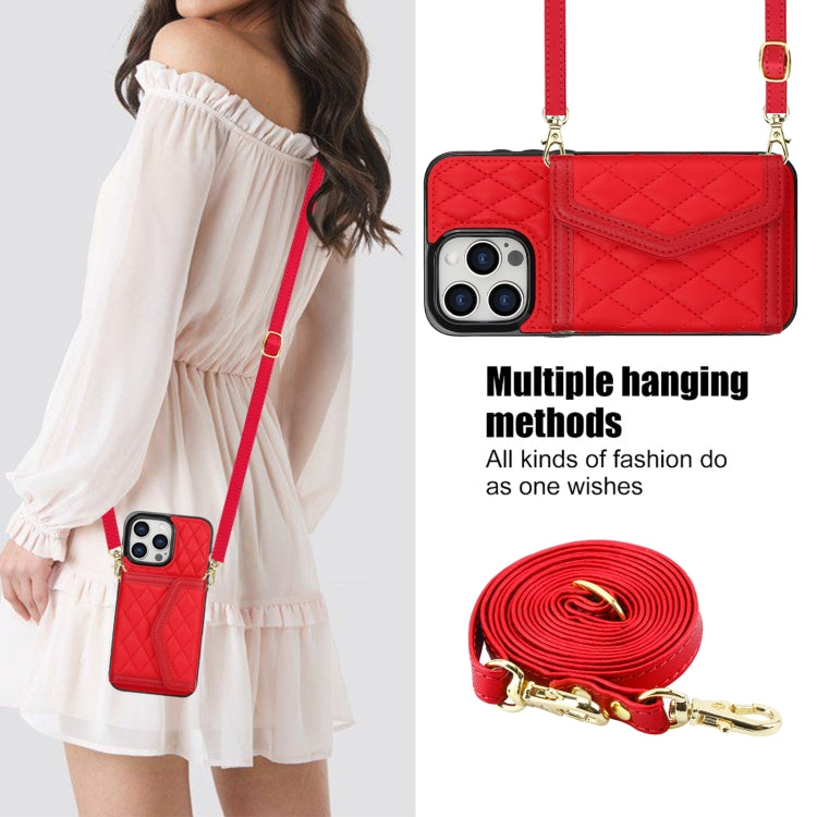 For iPhone 15 Splicing Rhombic Texture Card Bag Phone Case with Long Lanyard