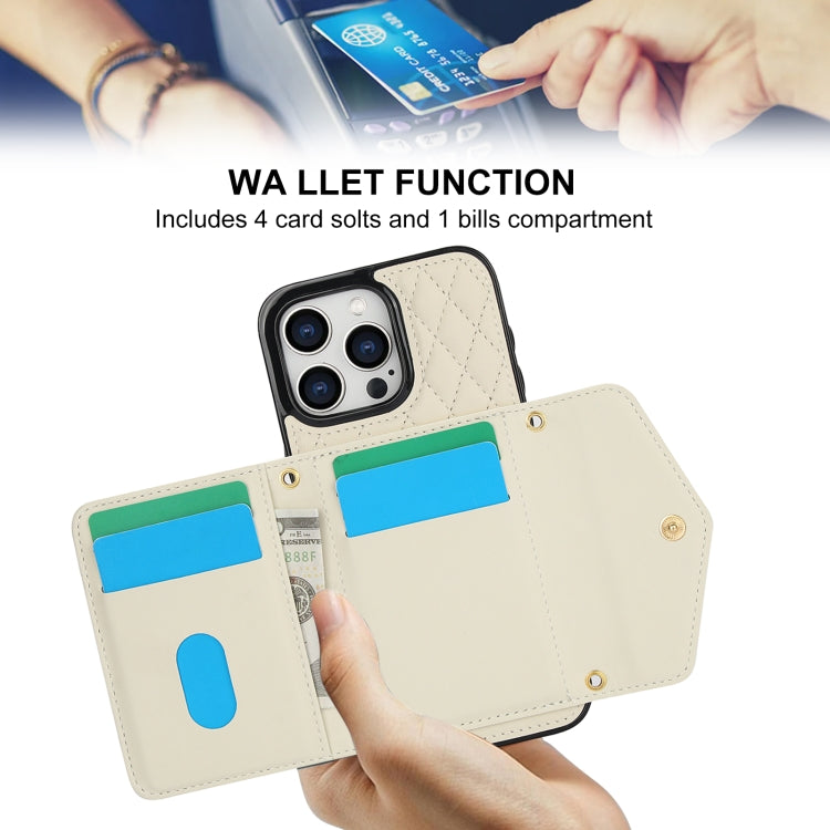 For iPhone 15 Pro Max Splicing Rhombic Texture Card Bag Phone Case with Long Lanyard