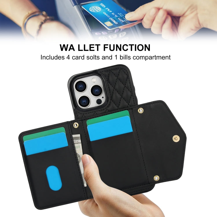 For iPhone 15 Pro Max Splicing Rhombic Texture Card Bag Phone Case with Long Lanyard