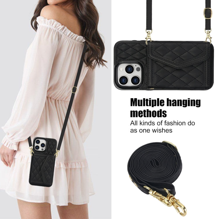 For iPhone 15 Pro Max Splicing Rhombic Texture Card Bag Phone Case with Long Lanyard