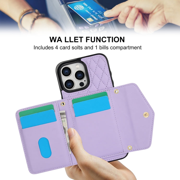 For iPhone 13 mini Splicing Rhombic Texture Card Bag Phone Case with Long Lanyard