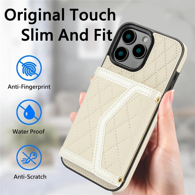 For iPhone 16 Pro Max Splicing Rhombic Texture Card Bag Phone Case with Long Lanyard