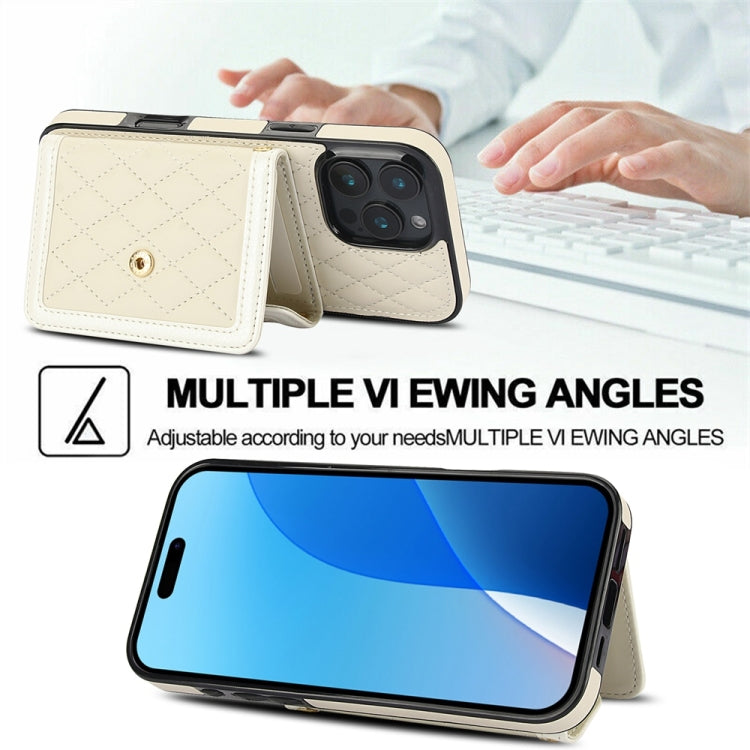 For iPhone 16 Pro Max Splicing Rhombic Texture Card Bag Phone Case with Long Lanyard