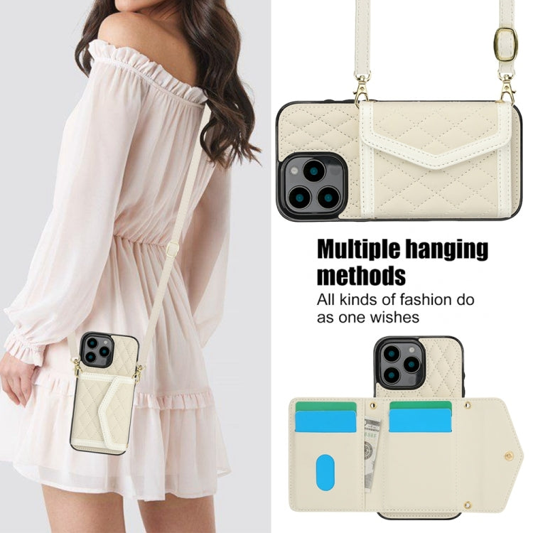 For iPhone 16 Pro Max Splicing Rhombic Texture Card Bag Phone Case with Long Lanyard