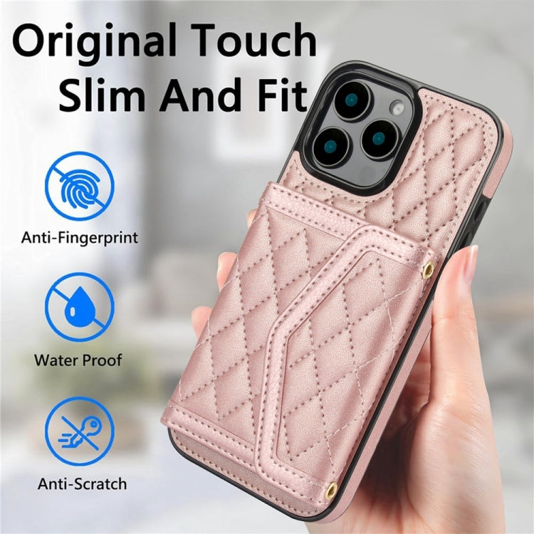 For iPhone 16 Pro Max Splicing Rhombic Texture Card Bag Phone Case with Long Lanyard