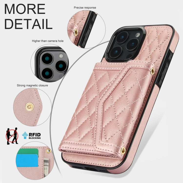 For iPhone 16 Pro Max Splicing Rhombic Texture Card Bag Phone Case with Long Lanyard