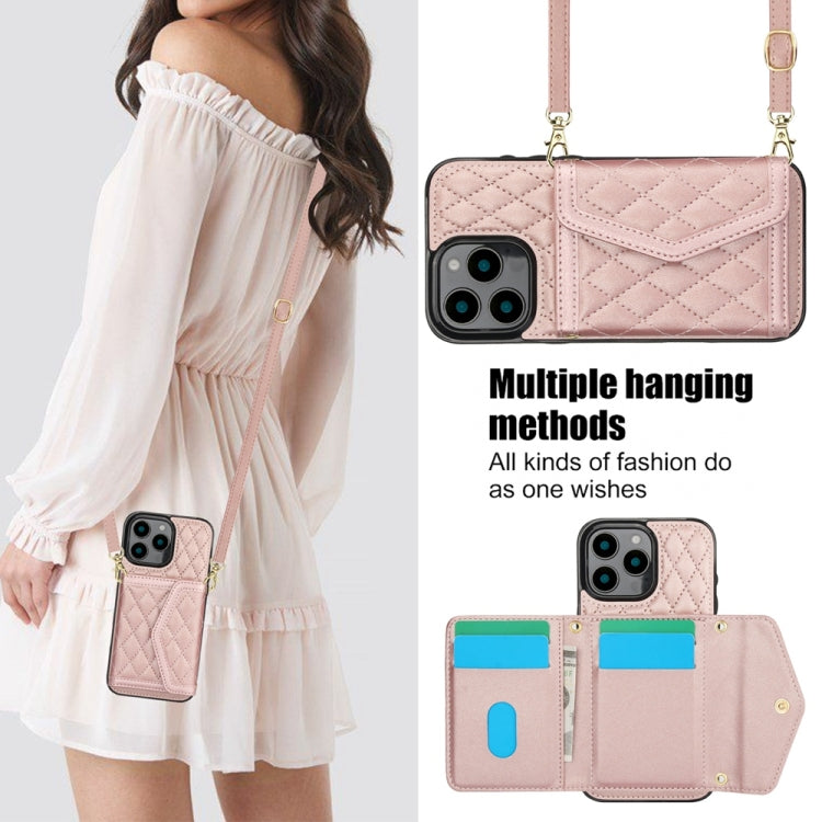 For iPhone 16 Pro Max Splicing Rhombic Texture Card Bag Phone Case with Long Lanyard