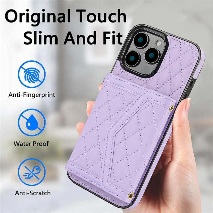 For iPhone 16 Pro Max Splicing Rhombic Texture Card Bag Phone Case with Long Lanyard