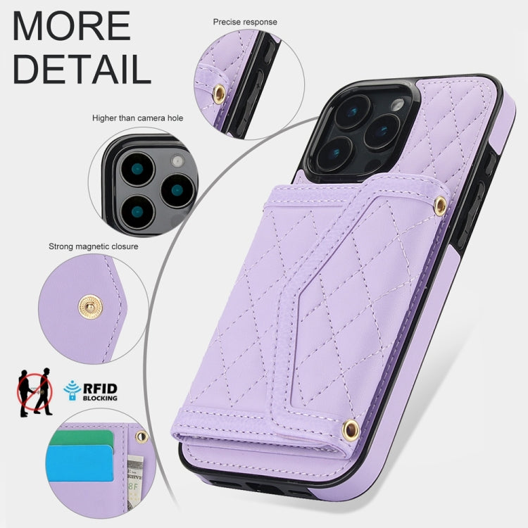 For iPhone 16 Pro Max Splicing Rhombic Texture Card Bag Phone Case with Long Lanyard