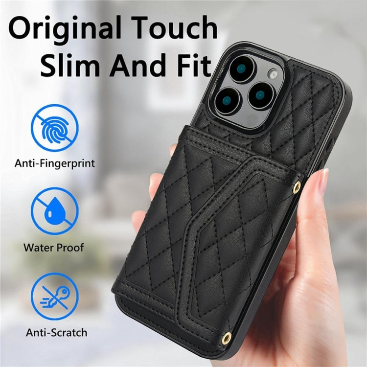 For iPhone 16 Pro Max Splicing Rhombic Texture Card Bag Phone Case with Long Lanyard