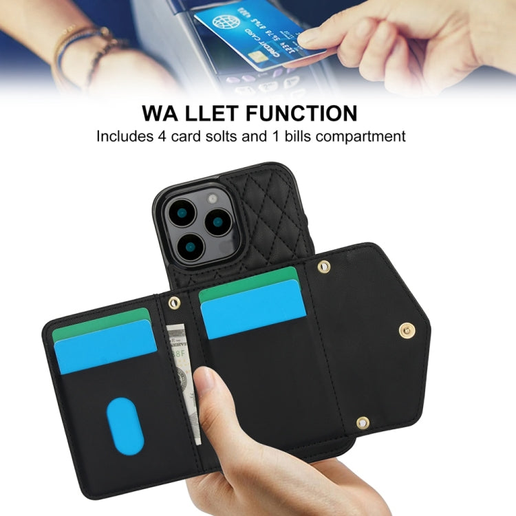 For iPhone 16 Pro Max Splicing Rhombic Texture Card Bag Phone Case with Long Lanyard
