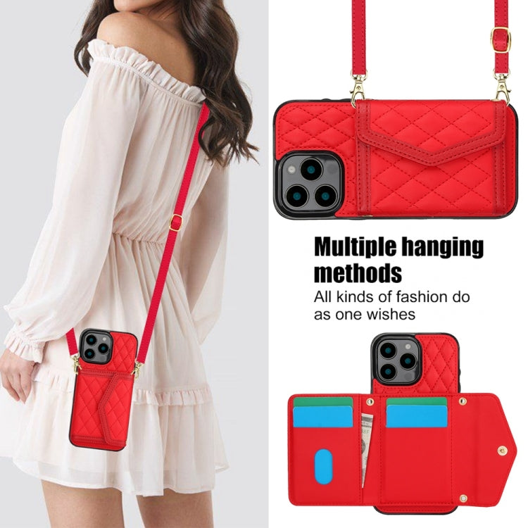 For iPhone 16 Pro Max Splicing Rhombic Texture Card Bag Phone Case with Long Lanyard
