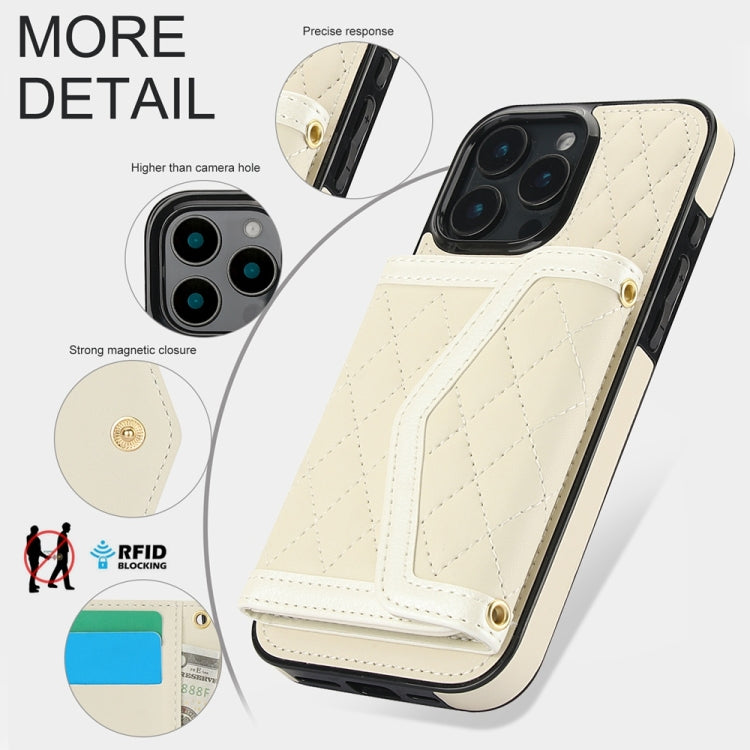 For iPhone 16 Pro Splicing Rhombic Texture Card Bag Phone Case with Long Lanyard