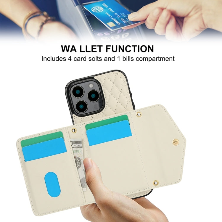 For iPhone 16 Pro Splicing Rhombic Texture Card Bag Phone Case with Long Lanyard