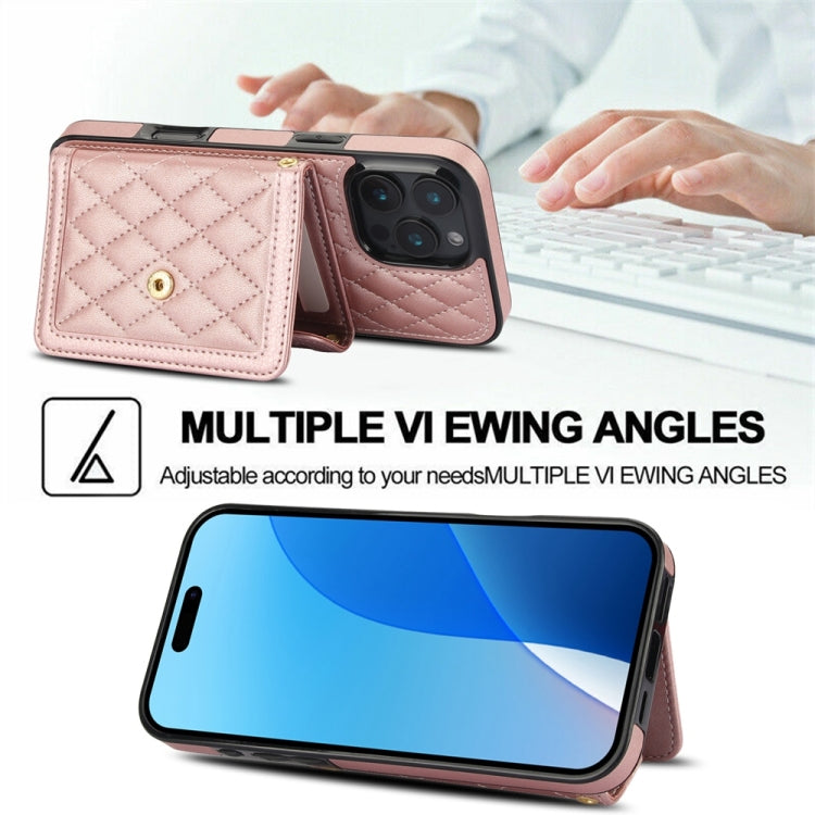 For iPhone 16 Pro Splicing Rhombic Texture Card Bag Phone Case with Long Lanyard