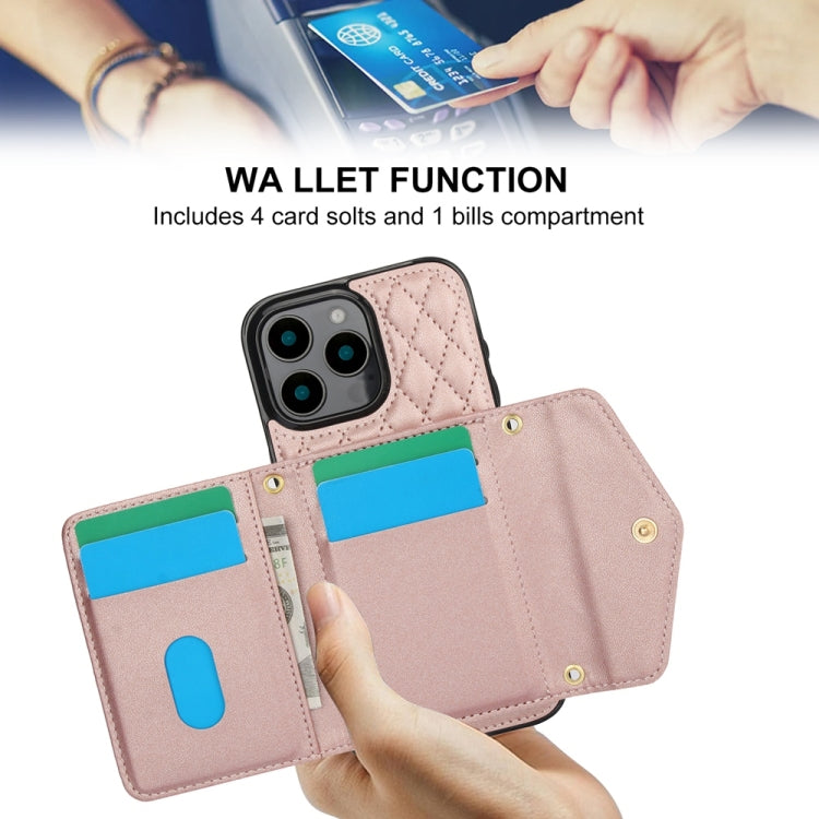 For iPhone 16 Pro Splicing Rhombic Texture Card Bag Phone Case with Long Lanyard