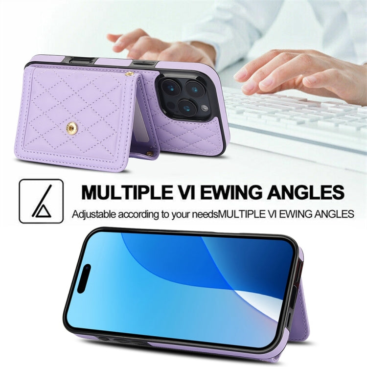 For iPhone 16 Pro Splicing Rhombic Texture Card Bag Phone Case with Long Lanyard
