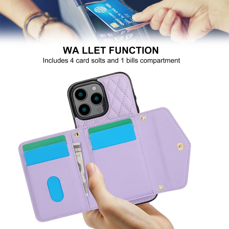 For iPhone 16 Pro Splicing Rhombic Texture Card Bag Phone Case with Long Lanyard