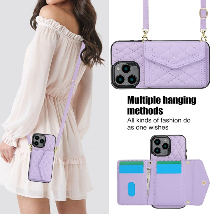 For iPhone 16 Pro Splicing Rhombic Texture Card Bag Phone Case with Long Lanyard