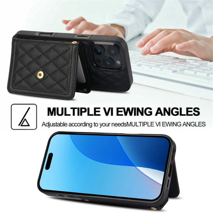 For iPhone 16 Pro Splicing Rhombic Texture Card Bag Phone Case with Long Lanyard