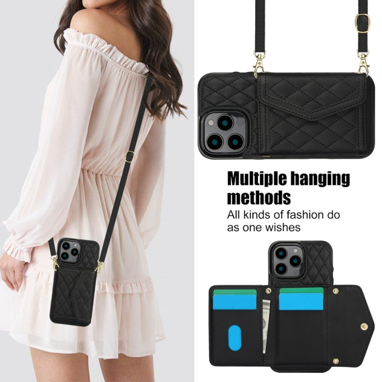 For iPhone 16 Pro Splicing Rhombic Texture Card Bag Phone Case with Long Lanyard