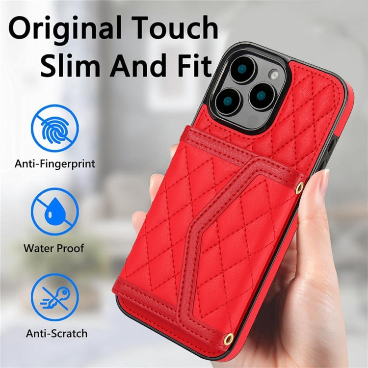 For iPhone 16 Pro Splicing Rhombic Texture Card Bag Phone Case with Long Lanyard